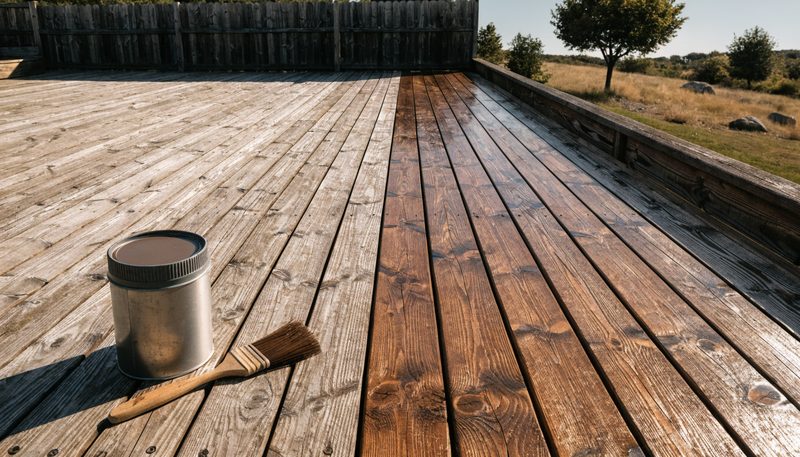 A wood deck mid-refinish, sun-faded grey boards meeting freshly stained warm brown boards, stain can and brush resting on top