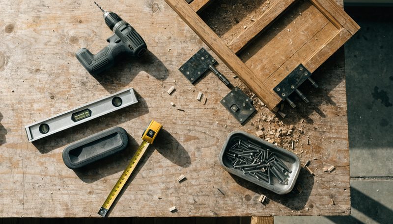 A workbench flat-lay of a cordless drill, level, tape measure and screws beside a partially disassembled cabinet door