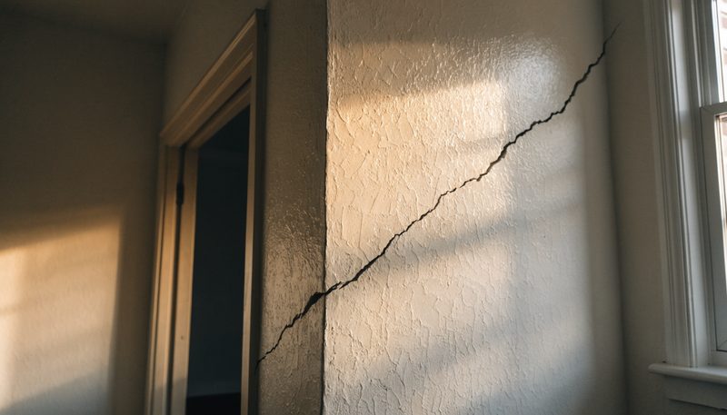 A diagonal settlement crack running up from a doorway corner through textured interior drywall