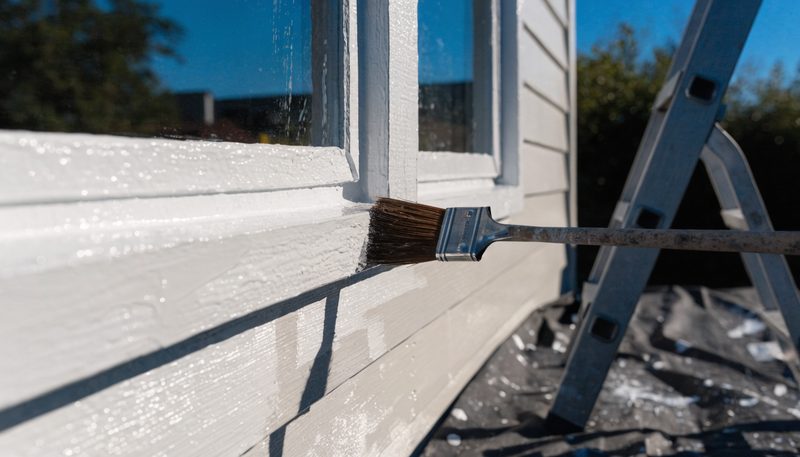 A brush cutting in fresh paint along horizontal lap siding and window trim, ladder at the edge of frame