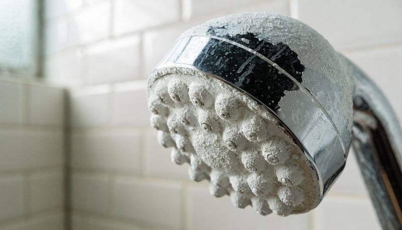 A chrome shower head with its nozzles caked in chalky white hard-water limescale