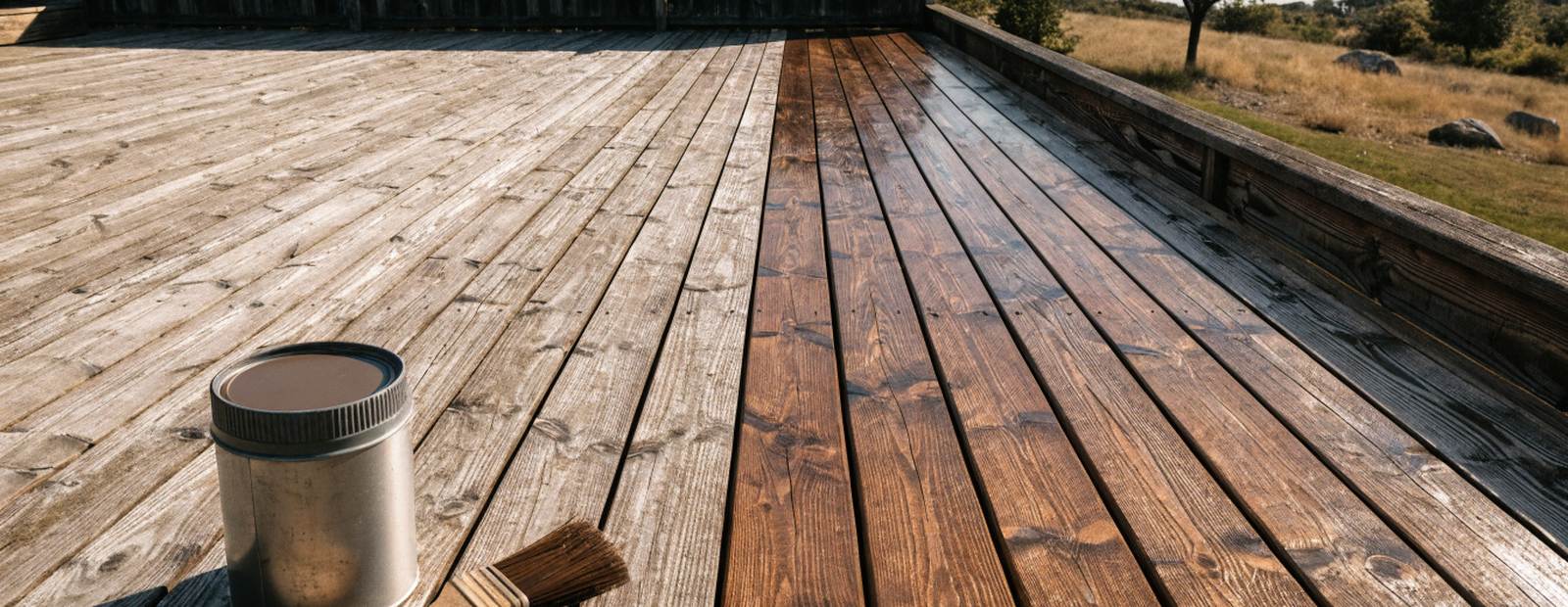 A weathered wood deck board mid-refinish, one half stripped grey and the other freshly sealed