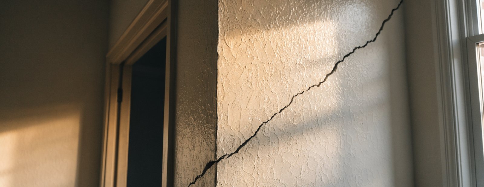 A diagonal settlement crack running up from a doorway corner through textured interior drywall