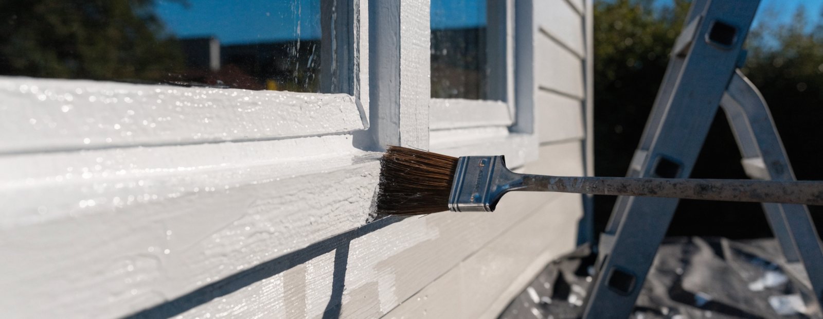 A brush cutting in fresh paint along horizontal lap siding and window trim, at the edge of frame