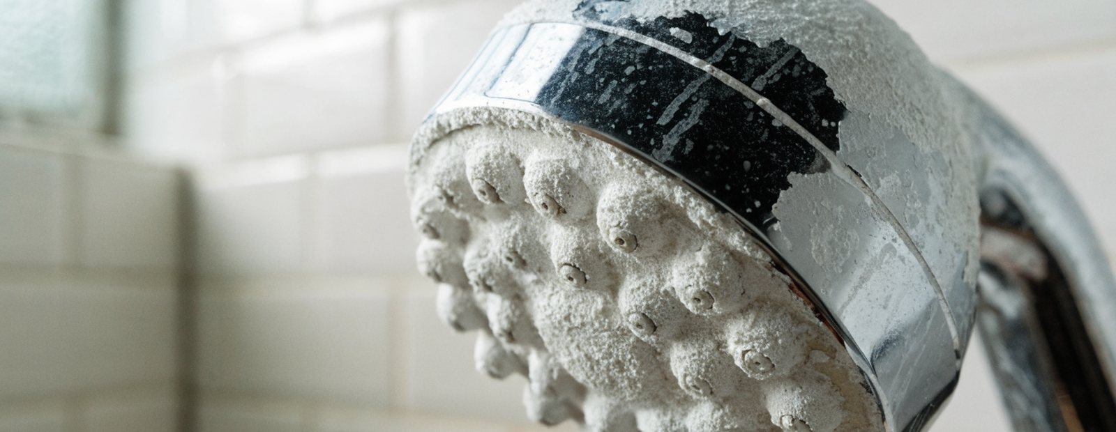 A chrome shower head with its nozzles caked in chalky white hard-water limescale