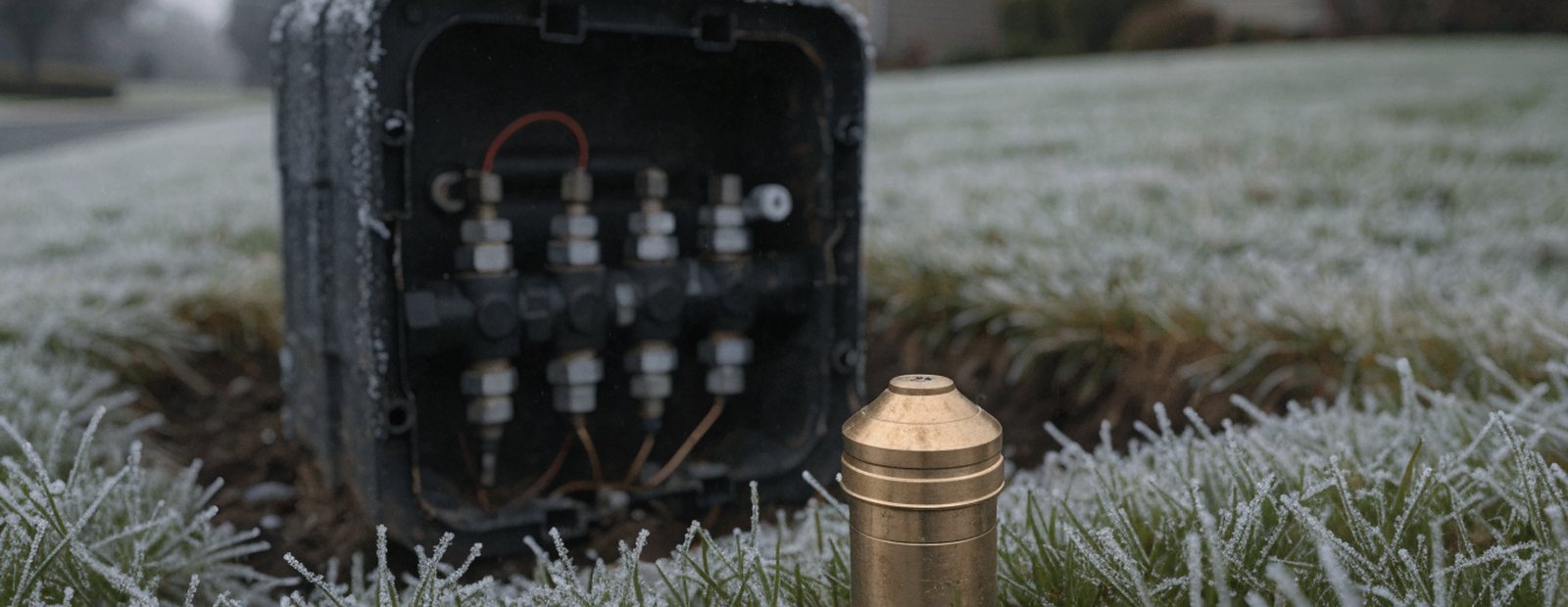 An open in-ground irrigation valve box and a brass sprinkler head in frost-covered grass