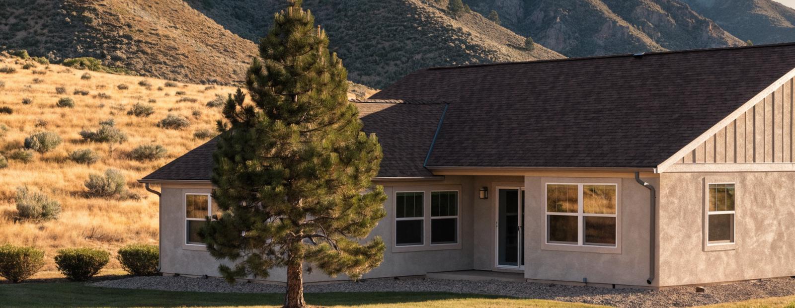 Dry cheatgrass and sagebrush cleared back from the foundation of an Idaho foothills home, with the Boise Front ridgeline behind