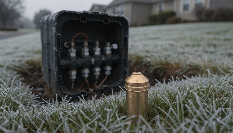 An open in-ground irrigation valve box and a brass sprinkler head in frost-covered grass