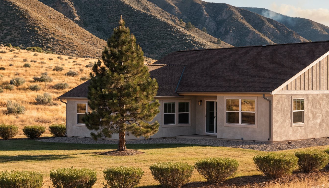 A Boise foothills home with a cleared defensible-space zone of gravel, mown lawn and low pruned shrubs, dry sagebrush hillside rising behind it